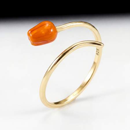 Sterling Gold Plated Orange Tulip Wrap Ring, Adjustable Enamel Flower Jewelry